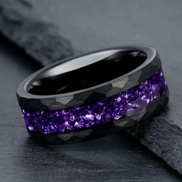Black Tungsten Amethyst Inlay Ring – Size 7, 8mm Band - Picture 2 of 6